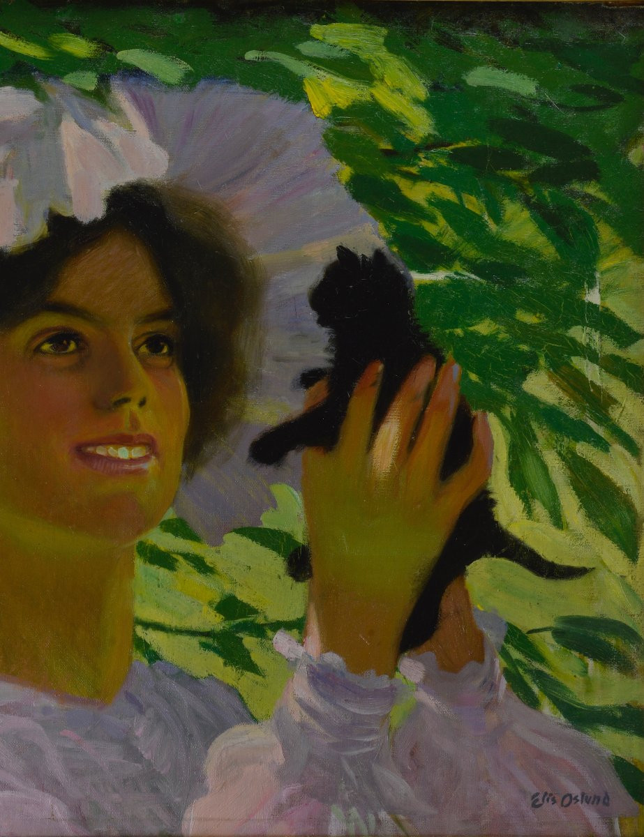 Johan Elis åslund 1872-1956. Swedish School. "young Woman Holding A Kitten."-photo-2