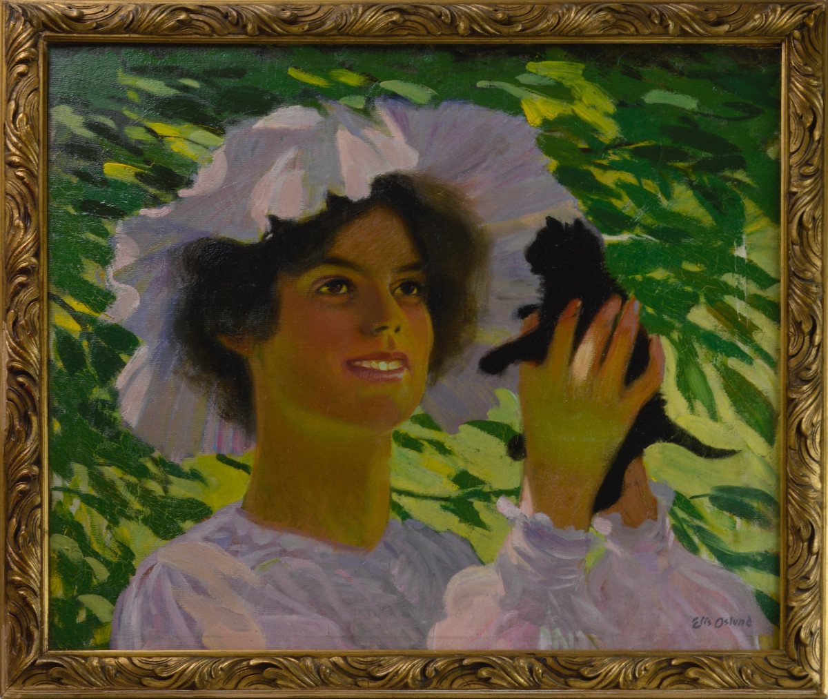 Johan Elis åslund 1872-1956. Swedish School. "young Woman Holding A Kitten."