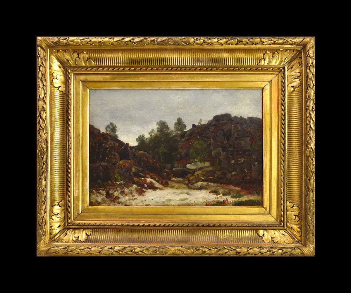 Constant Dutilleux 1807-1865.  "Roche dans la forêt de Fontainebleau."-photo-2