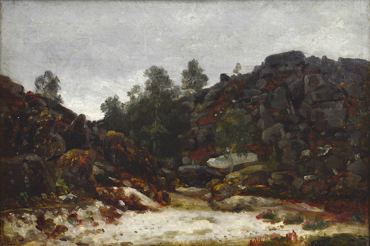 Constant Dutilleux 1807-1865.  "Roche dans la forêt de Fontainebleau."-photo-3