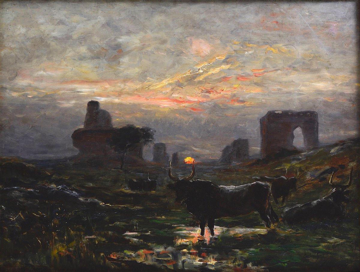 Alexandre Gaston Guignard 1848-1922.  "Troupeau de vaches auprès des ruines dans la Pampa."-photo-3