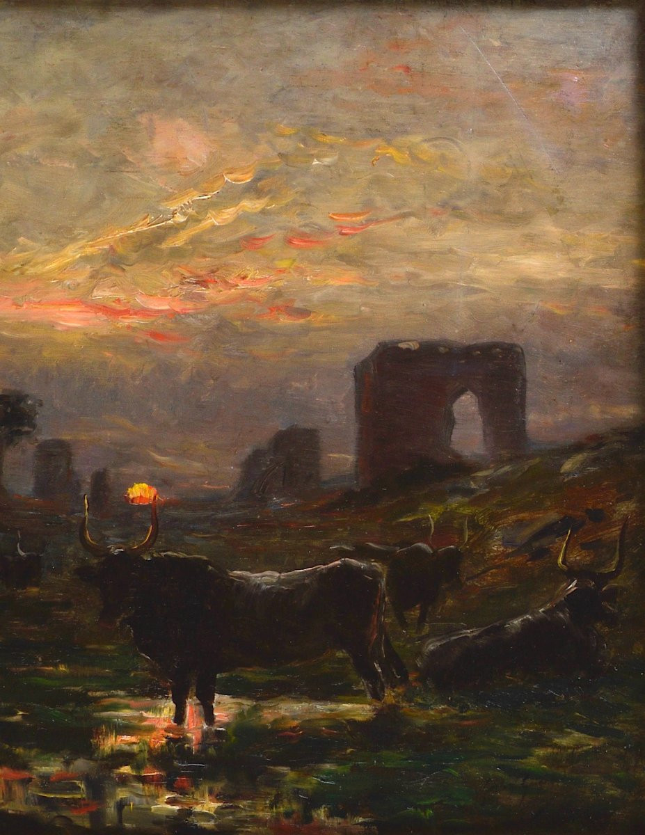 Alexandre Gaston Guignard 1848-1922.  "Troupeau de vaches auprès des ruines dans la Pampa."-photo-1