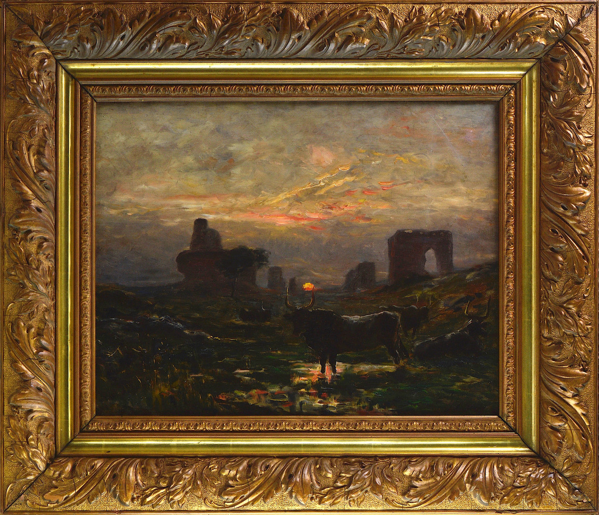 Alexandre Gaston Guignard 1848-1922.  "Troupeau de vaches auprès des ruines dans la Pampa."