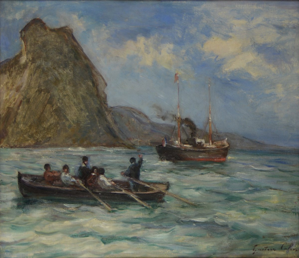 Gustave Henri Colin 1828-1910.  "La sortie d'un port avec un pilote sur la côte basque."-photo-2