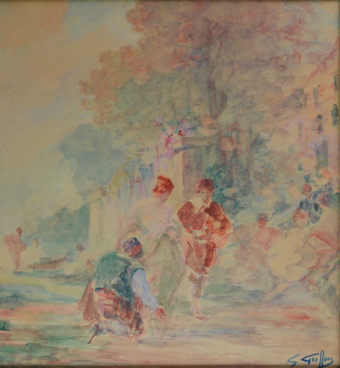 Gabriel Griffon 1866-1938. "figures In A Park."-photo-2