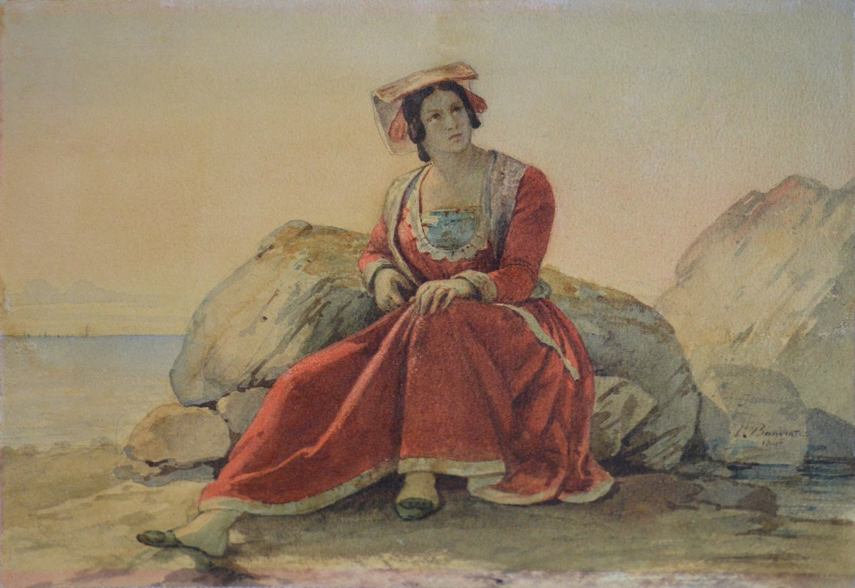 Pierre Bonirotte 1811-1891.  "Italienne au bord de la mer."-photo-2