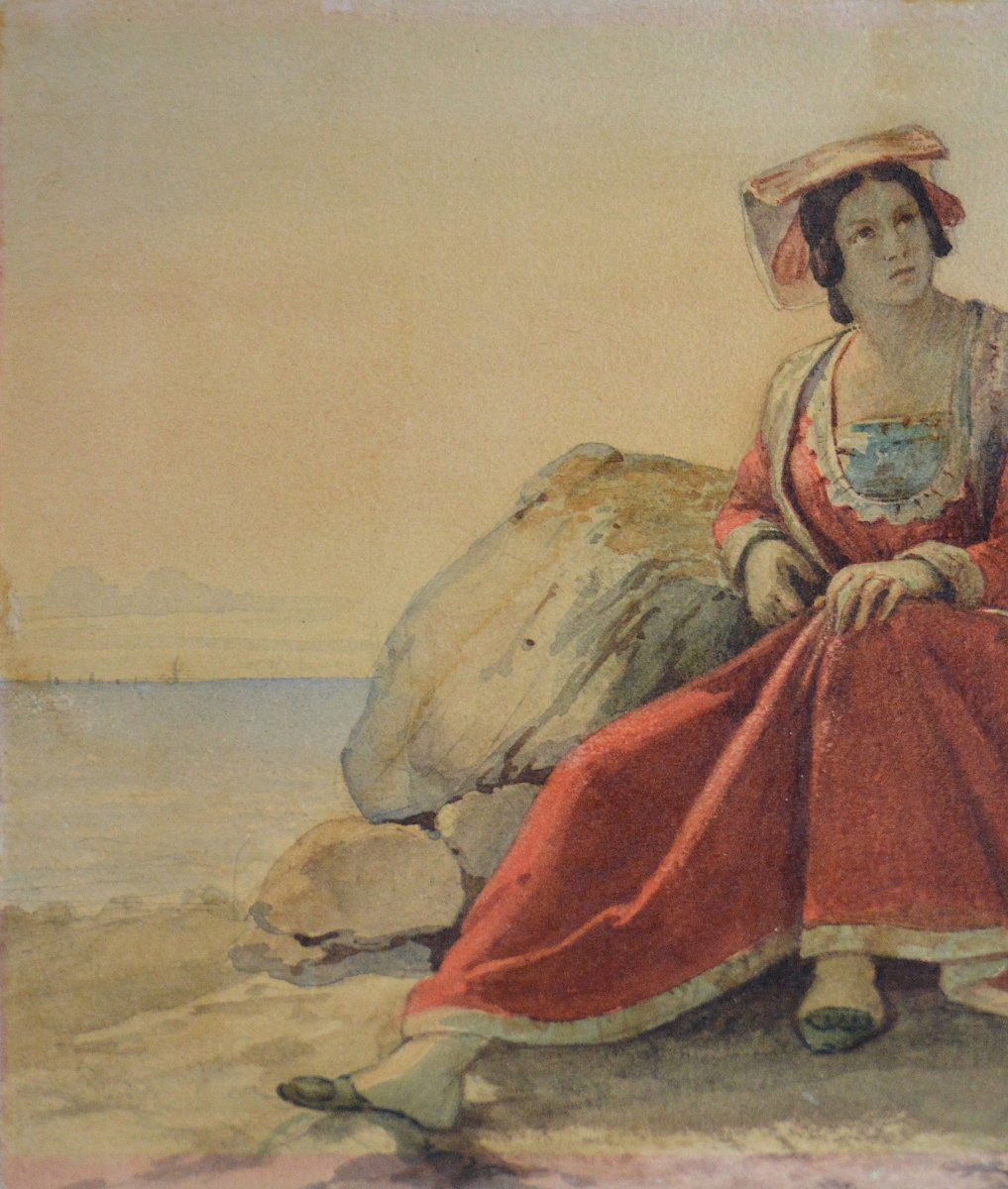 Pierre Bonirotte 1811-1891.  "Italienne au bord de la mer."-photo-4