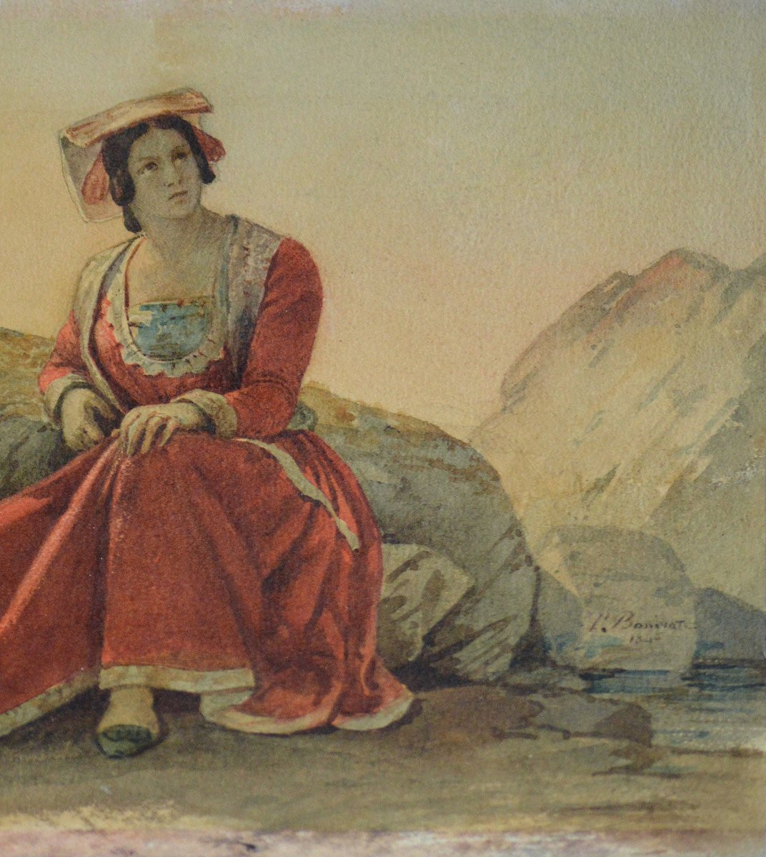 Pierre Bonirotte 1811-1891.  "Italienne au bord de la mer."-photo-1