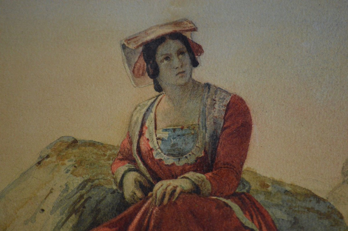 Pierre Bonirotte 1811-1891.  "Italienne au bord de la mer."-photo-2