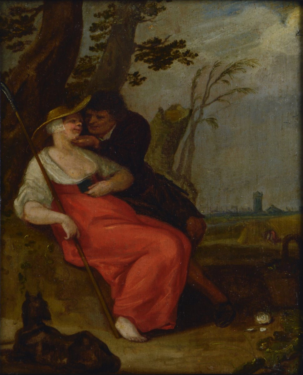 Dutch School Of The 18th Century. "gallant Scene."-photo-3