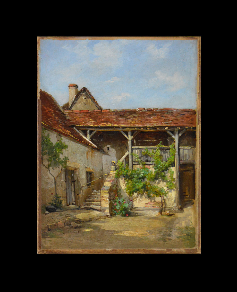 École Française XIXᵉ siècle. "Cour de ferme."-photo-2