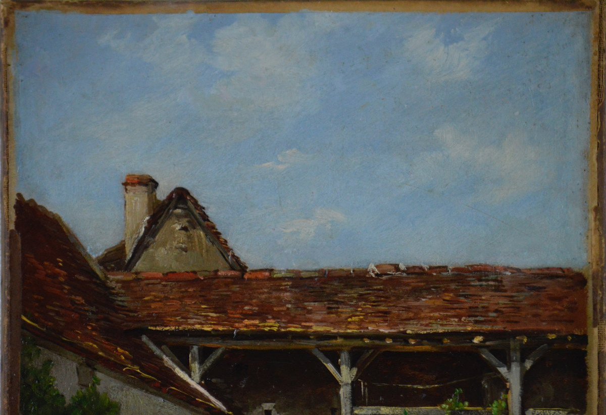 École Française XIXᵉ siècle. "Cour de ferme."-photo-3