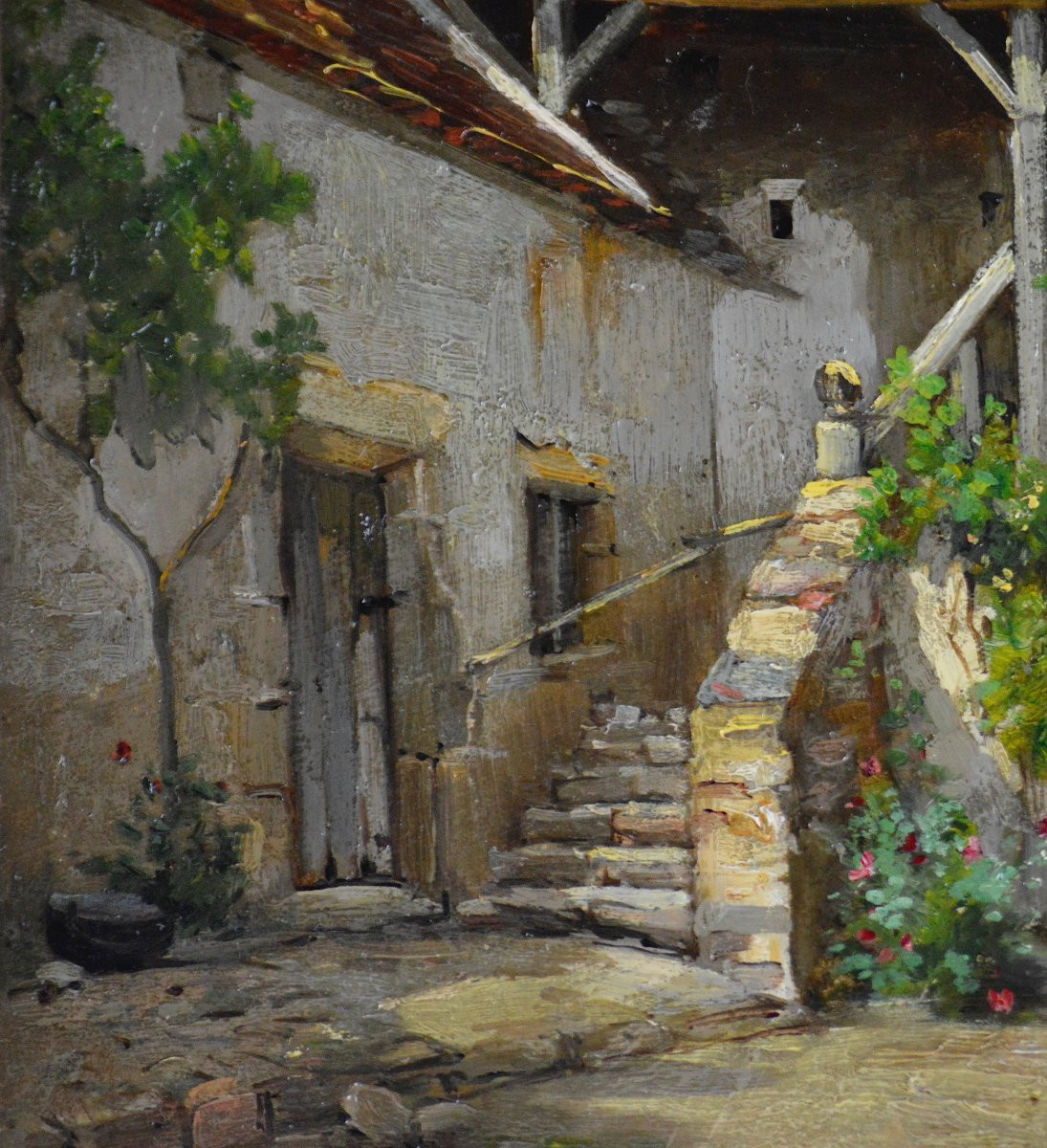 École Française XIXᵉ siècle. "Cour de ferme."-photo-2