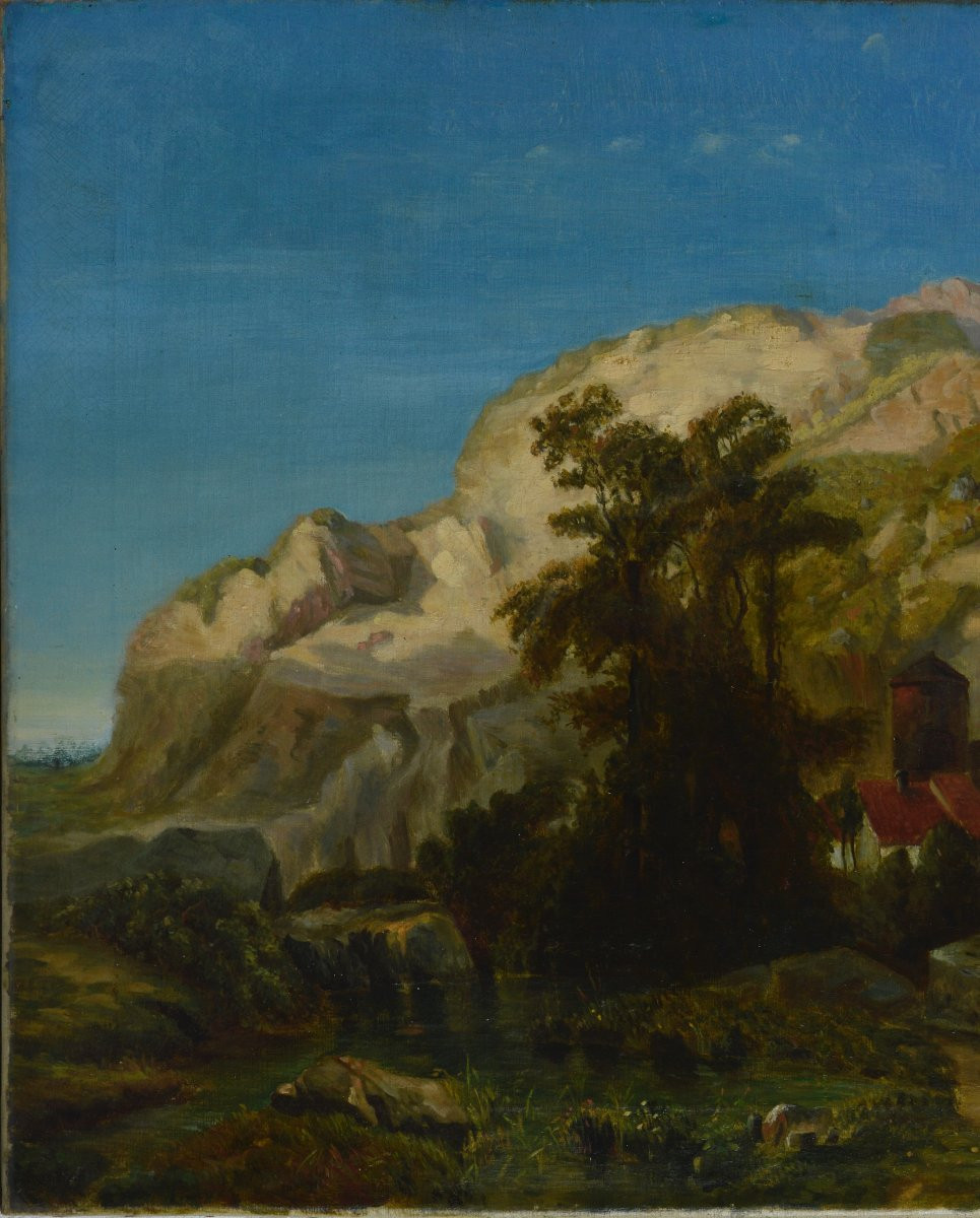 École Française XIXᵉ siècle. "Paysage montagneux à Marches-les-Dames."-photo-3