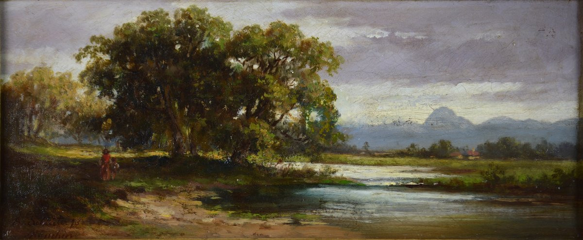 August Schulter 1858-1928. German School. "landscape With Pond."-photo-3