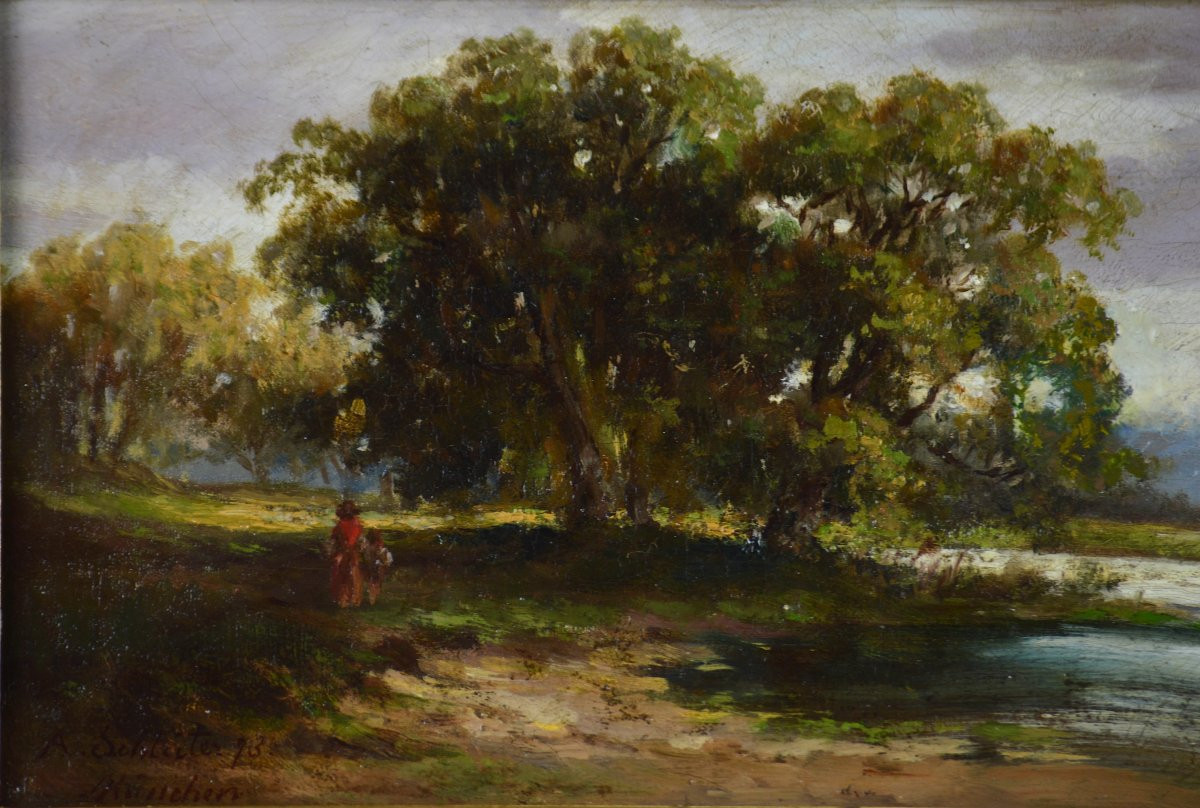 August Schulter 1858-1928. German School. "landscape With Pond."-photo-2