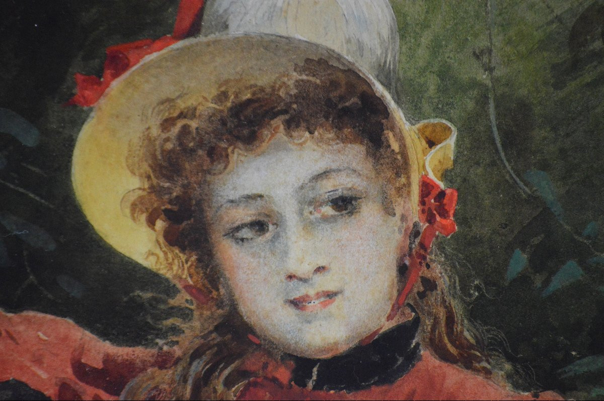 Octave Alfred Saunier (1842/43-1887/89). "portrait Of A Young Girl In A Red Dress." -photo-2