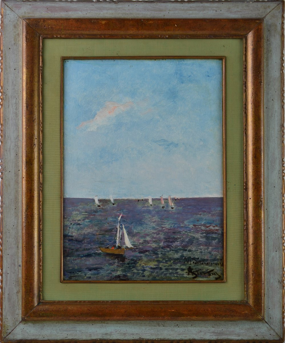 Alfred Émile Léopold Stevens 1823-1906. École Belge. "Régate."-photo-3