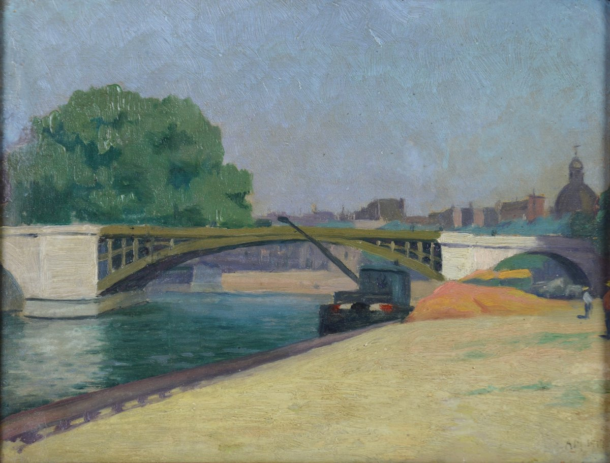 French School, Early 20th Century. "the Sully Bridge In Paris, Right Bank Side."-photo-3