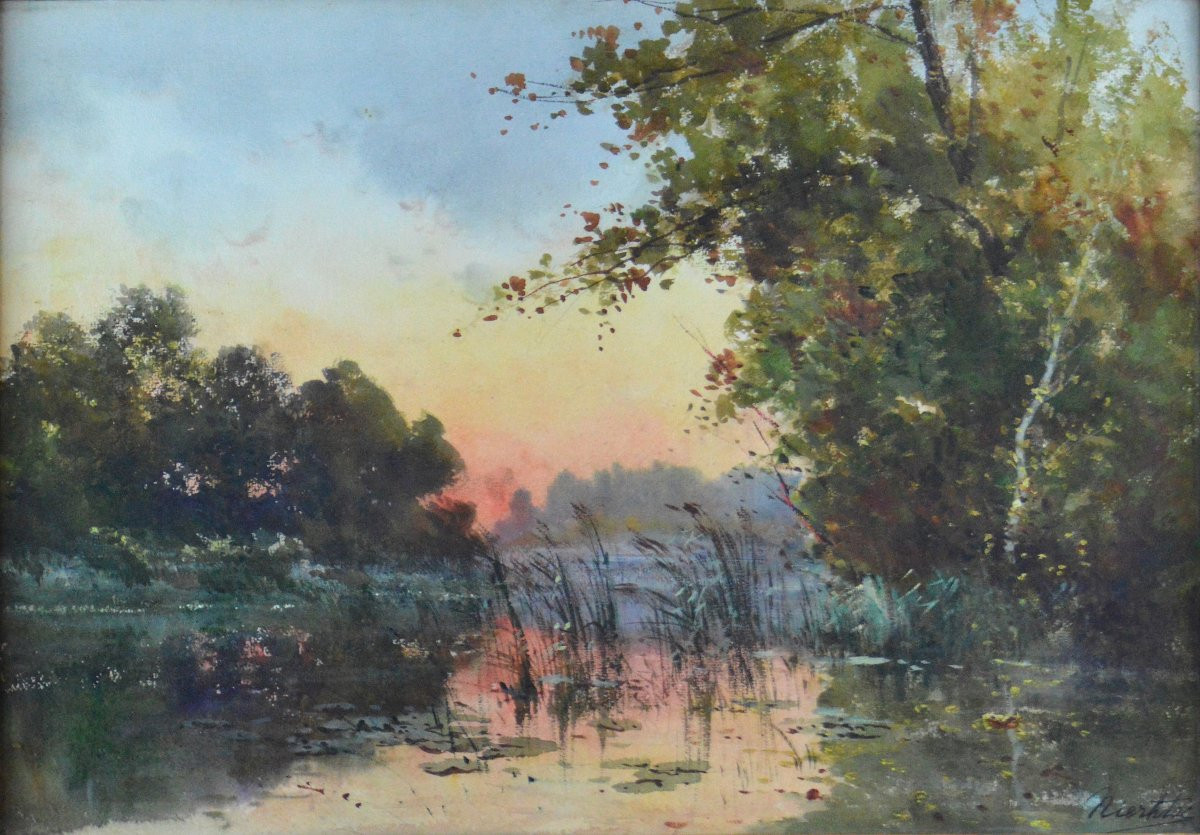 École Française début XXᵉ siècle. "Bord d'Étang."-photo-3