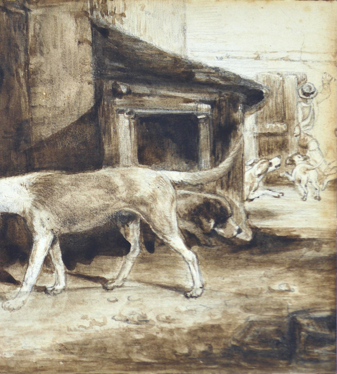 Alexandre Gabriel Decamps 1802-1860. (in The Style Of). "hunting Dogs In The Kennel."-photo-4