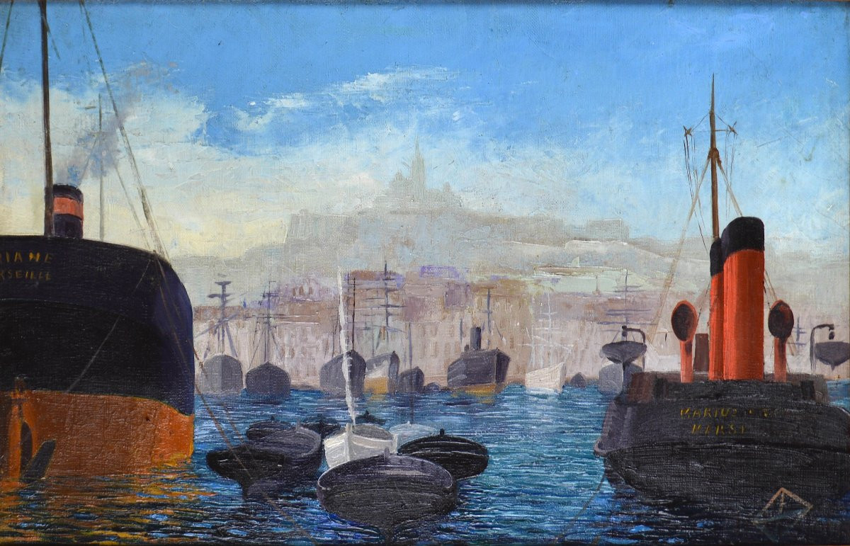 Marius Charles Chambon 1876-1962. "Le port de Marseille et Notre-Dame de la Garde."-photo-3