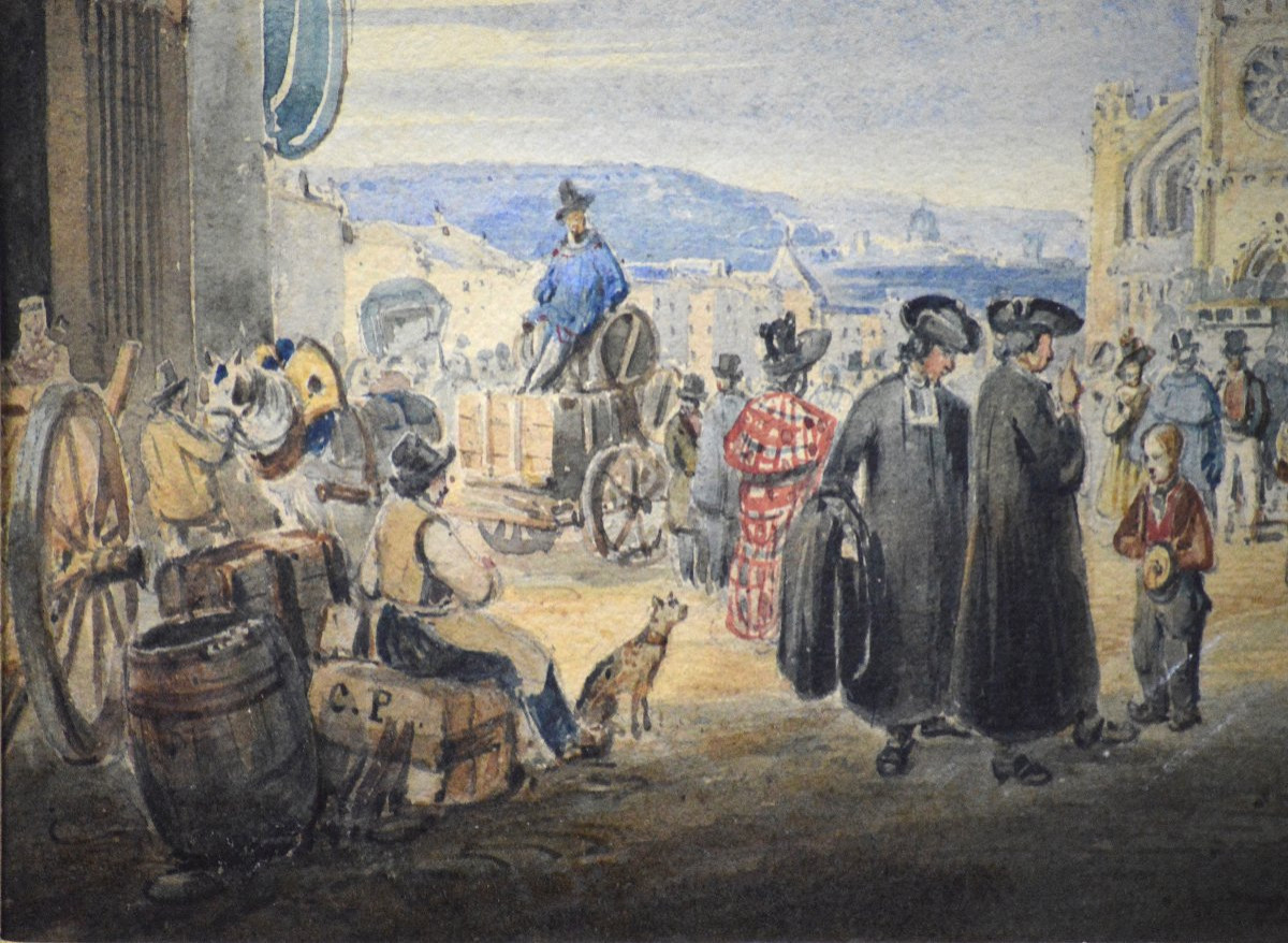 Charles Pensée 1799-1871. "lively Scene In Front Of A Cathedral."-photo-1