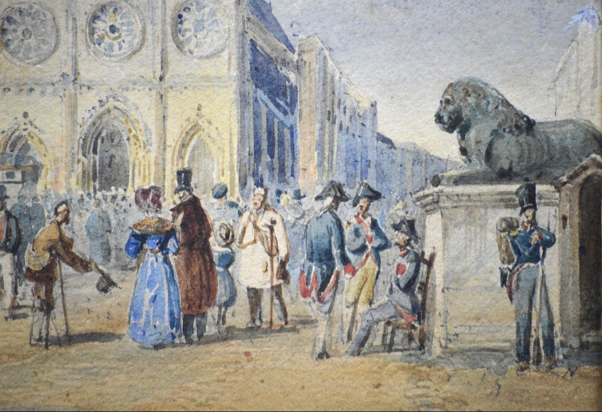 Charles Pensée 1799-1871. "lively Scene In Front Of A Cathedral."-photo-2