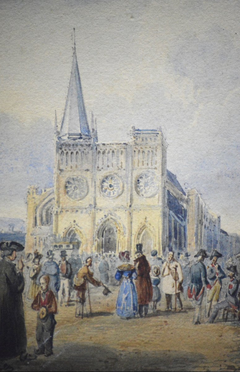 Charles Pensée 1799-1871. "lively Scene In Front Of A Cathedral."-photo-3