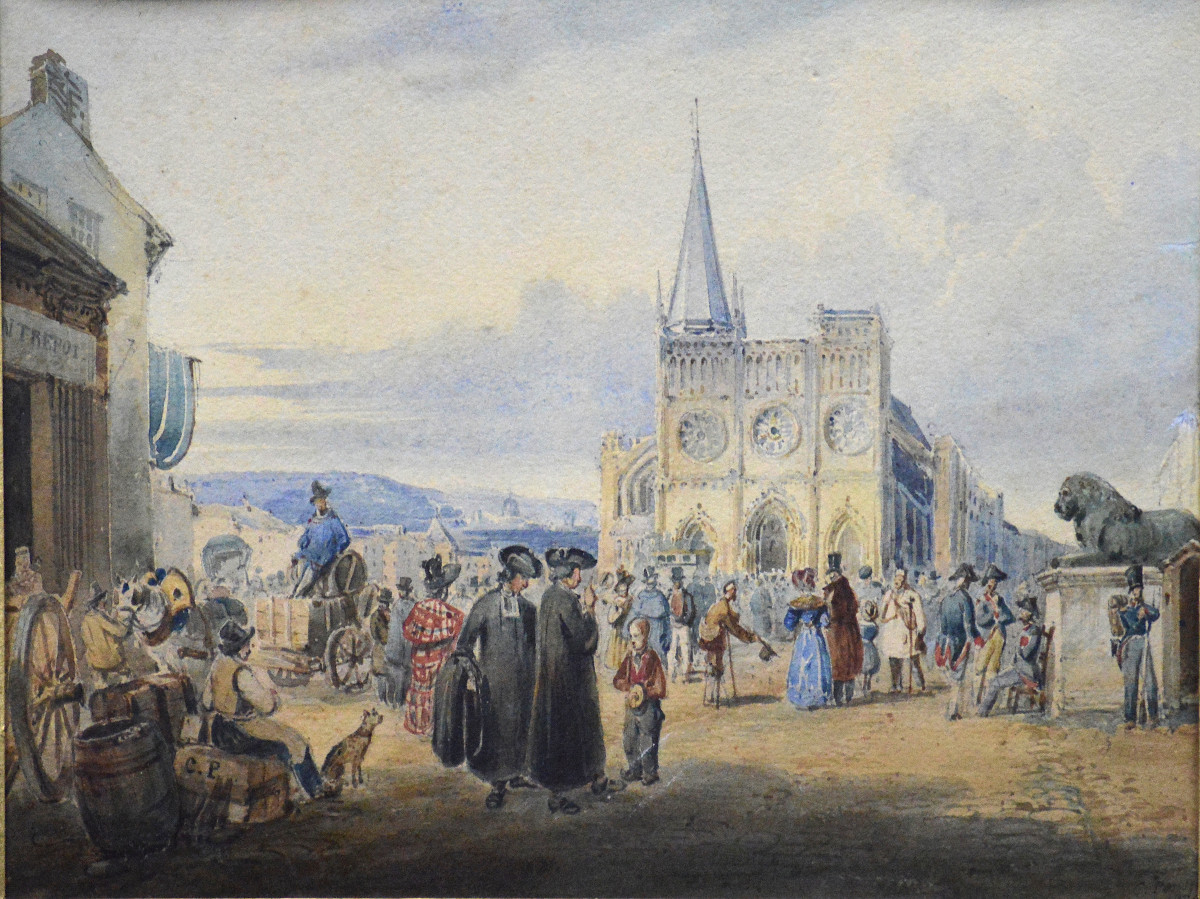 Charles Pensée 1799-1871. "lively Scene In Front Of A Cathedral."