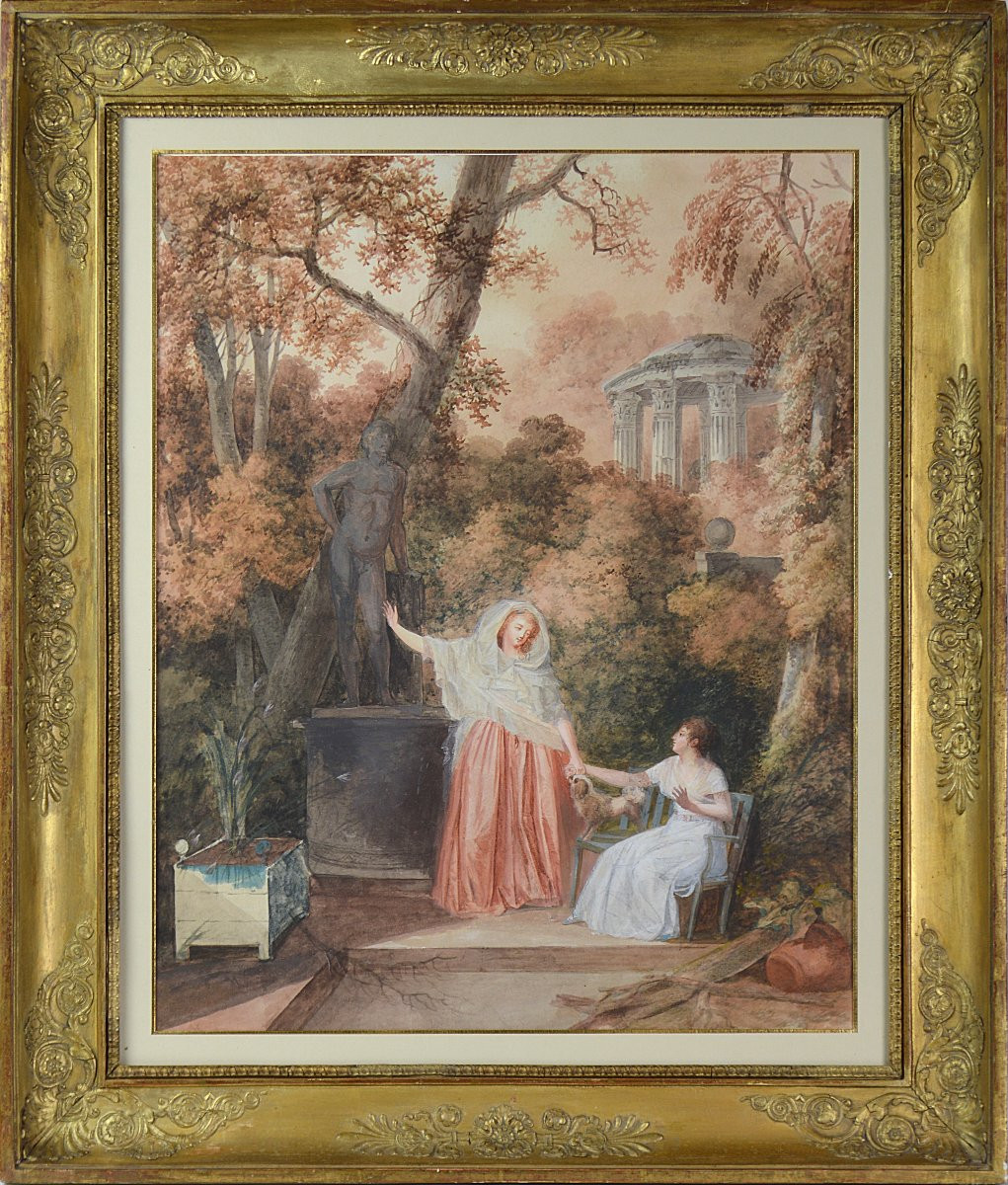 Jean-baptiste Mallet 1759-1835. "two Elegant Women In A Park - The Matchmaker."-photo-2