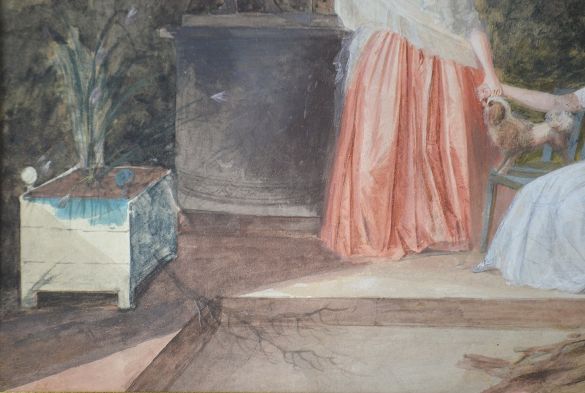 Jean-baptiste Mallet 1759-1835. "two Elegant Women In A Park - The Matchmaker."-photo-4