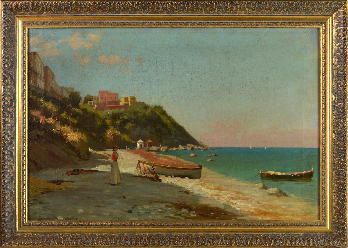 École italienne vers 1900.  "Capri, la plage."