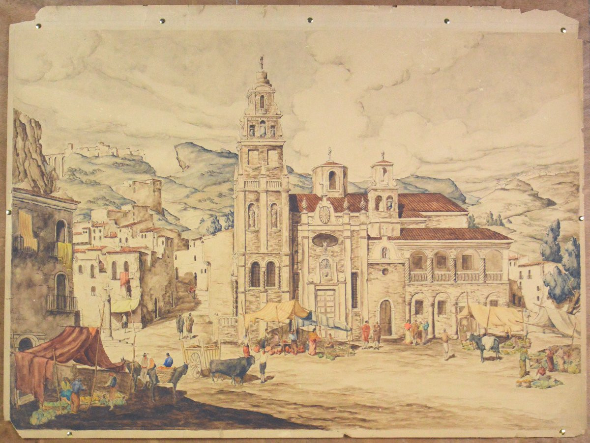 South American School Circa 1930. "view Of A Church Or Cathedral."-photo-3