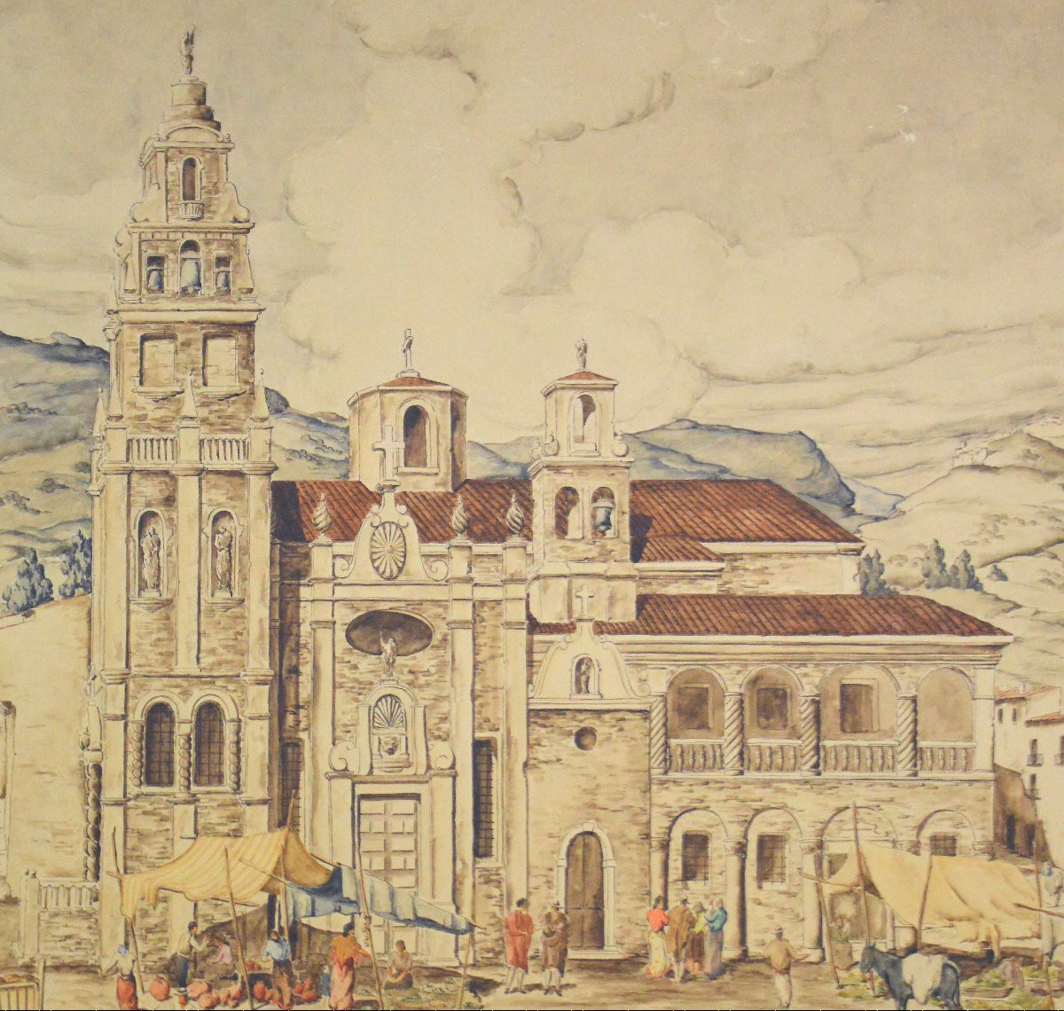 South American School Circa 1930. "view Of A Church Or Cathedral."-photo-4
