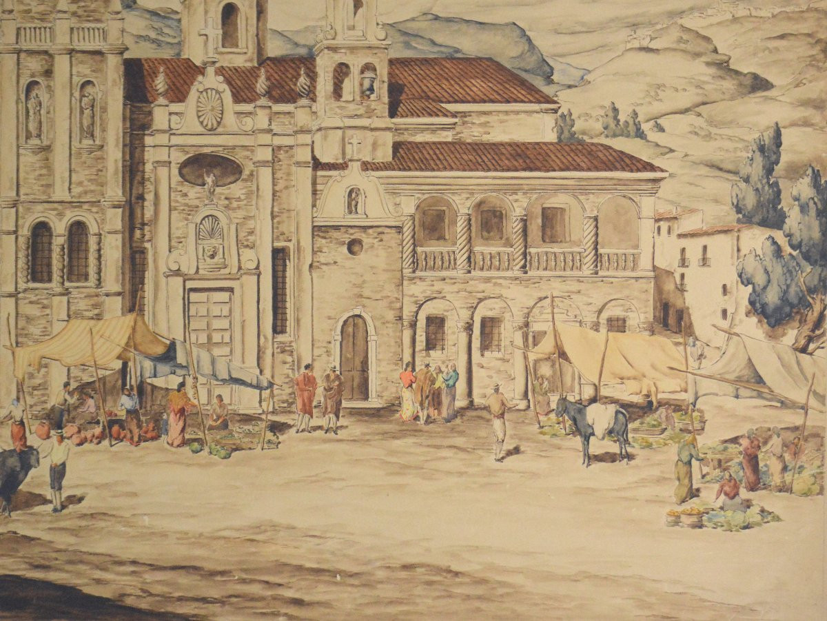 South American School Circa 1930. "view Of A Church Or Cathedral."-photo-1