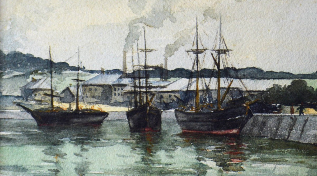 Alphonse Henri Mazard 1865-1939. " Un bassin du port de Dieppe vers 1900."-photo-3