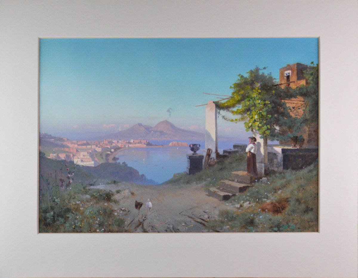 Cesare Uva 1824-1886. École Italienne. "La baie de Naples."-photo-2