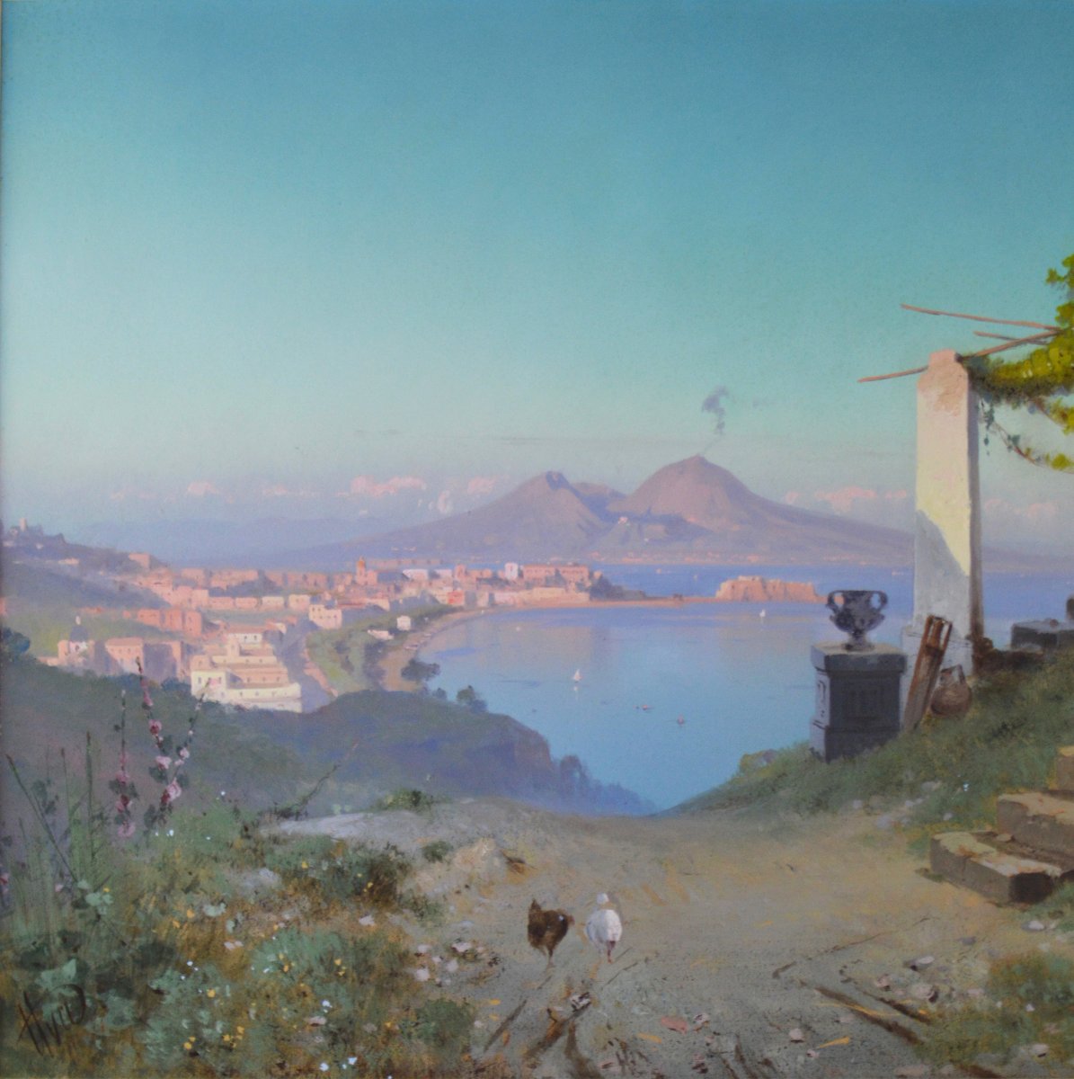 Cesare Uva 1824-1886. École Italienne. "La baie de Naples."-photo-4