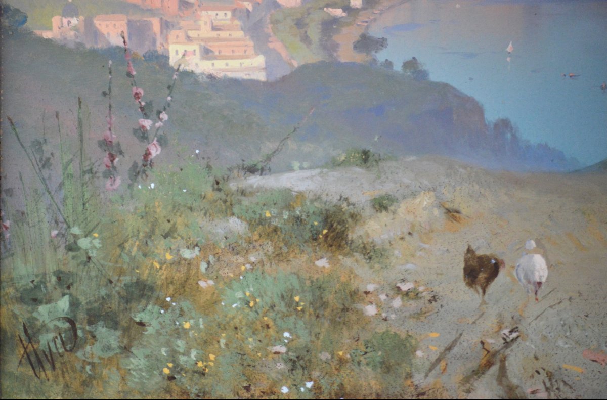Cesare Uva 1824-1886. École Italienne. "La baie de Naples."-photo-2