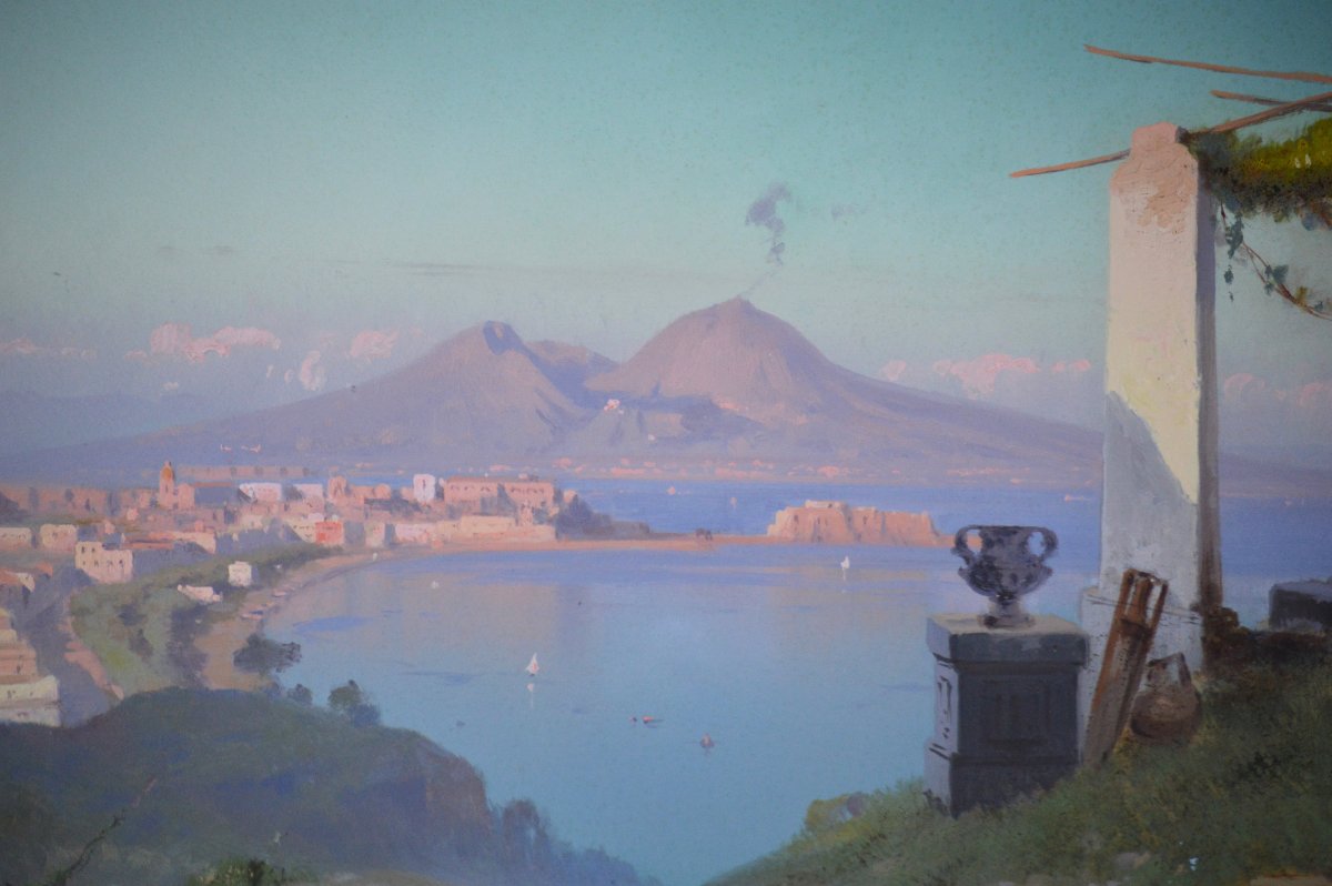 Cesare Uva 1824-1886. École Italienne. "La baie de Naples."-photo-3