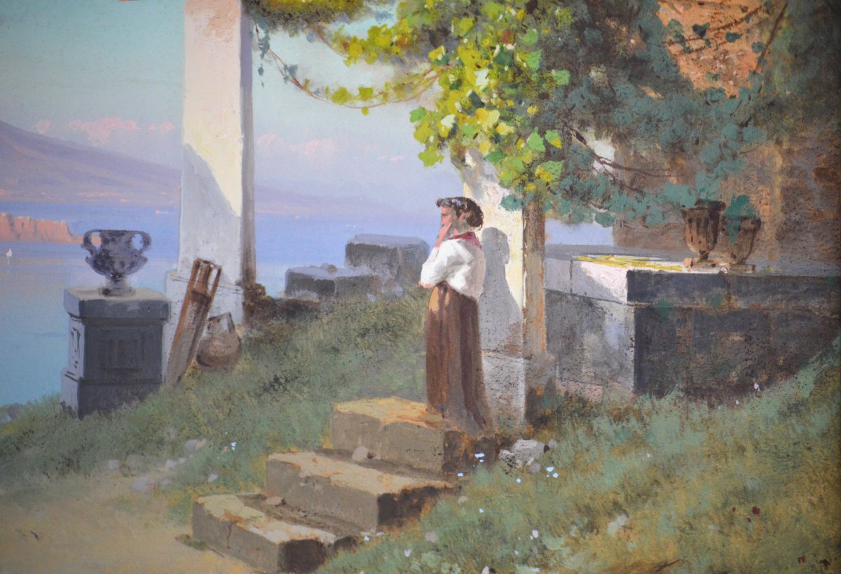 Cesare Uva 1824-1886. École Italienne. "La baie de Naples."-photo-5