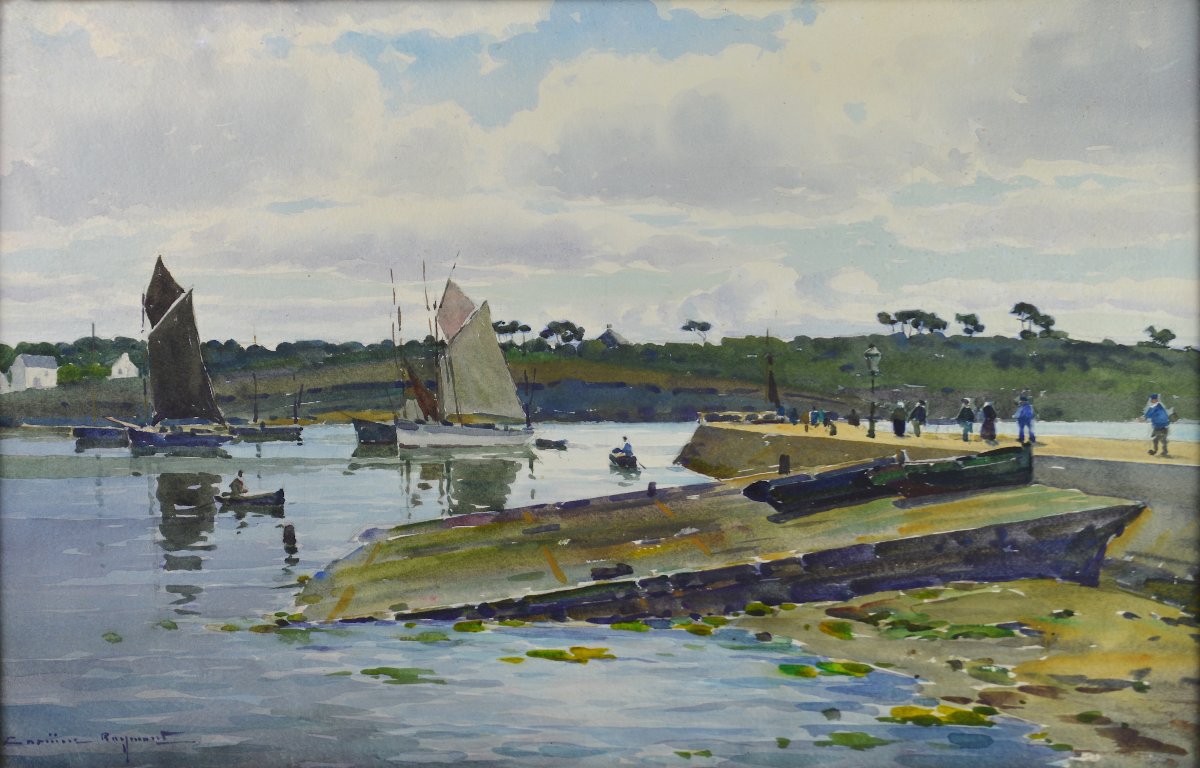 Casimir Raymond 1870-1965. “Concarneau dans le port à marée basse.”-photo-3