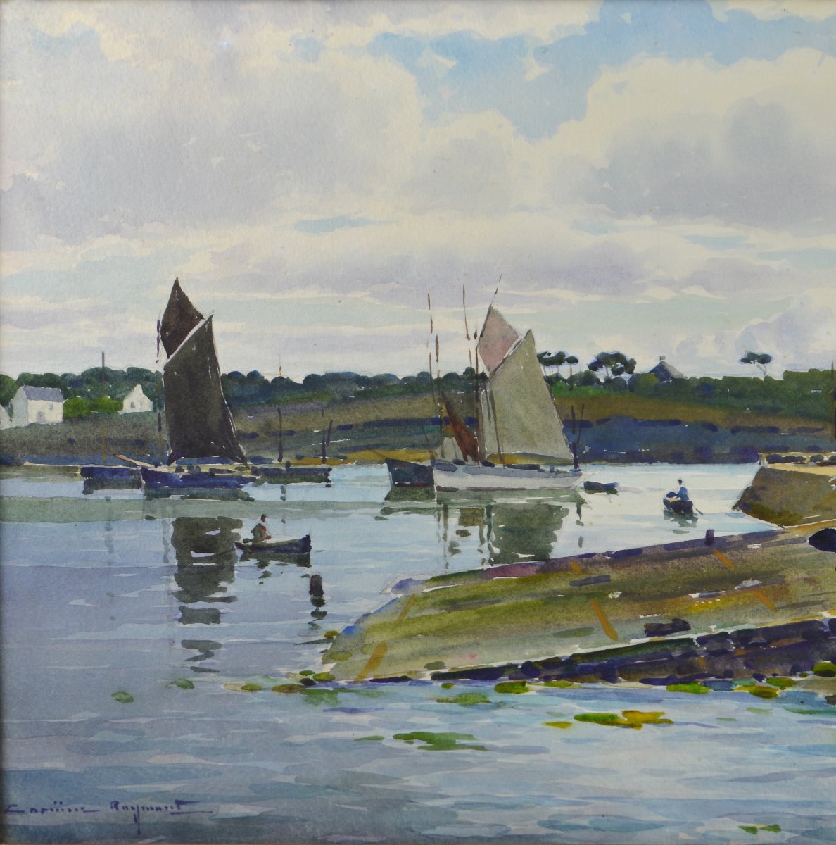 Casimir Raymond 1870-1965. “Concarneau dans le port à marée basse.”-photo-4