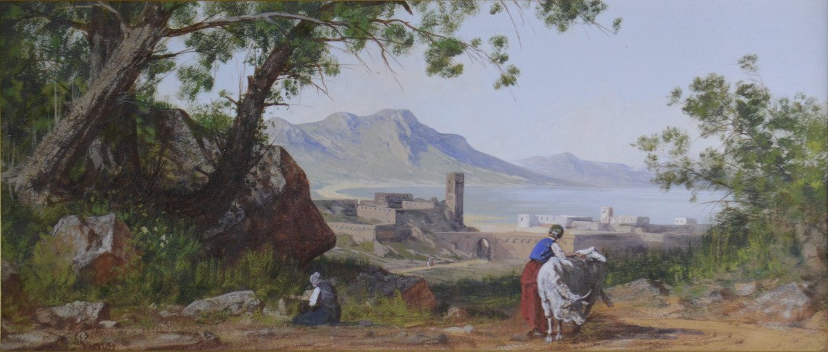 19th-century French Or Italian School. "view Of An Italian Lake."-photo-3