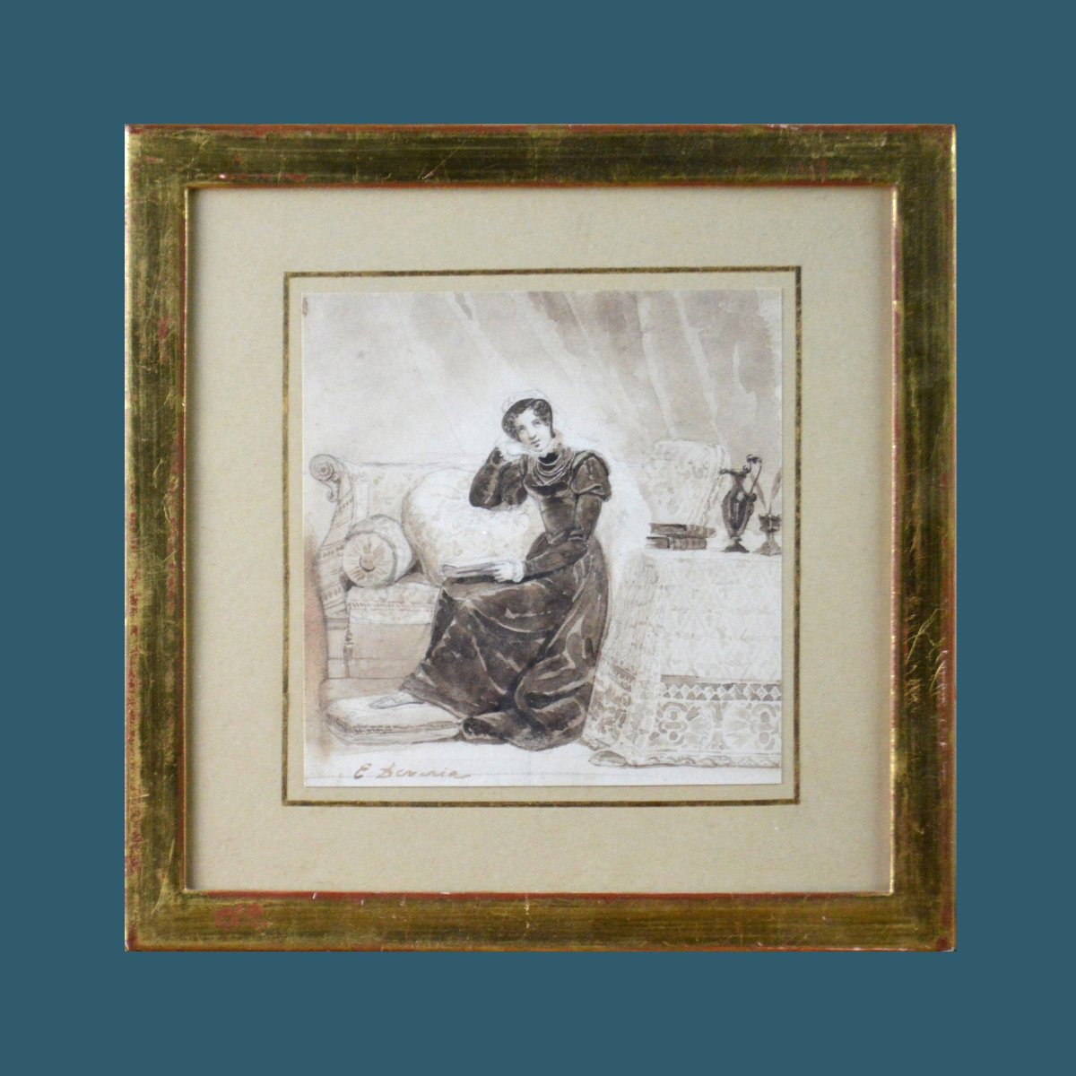 Eugène Deveria (1808-1865). "Jeune femme dans un intérieur."-photo-2