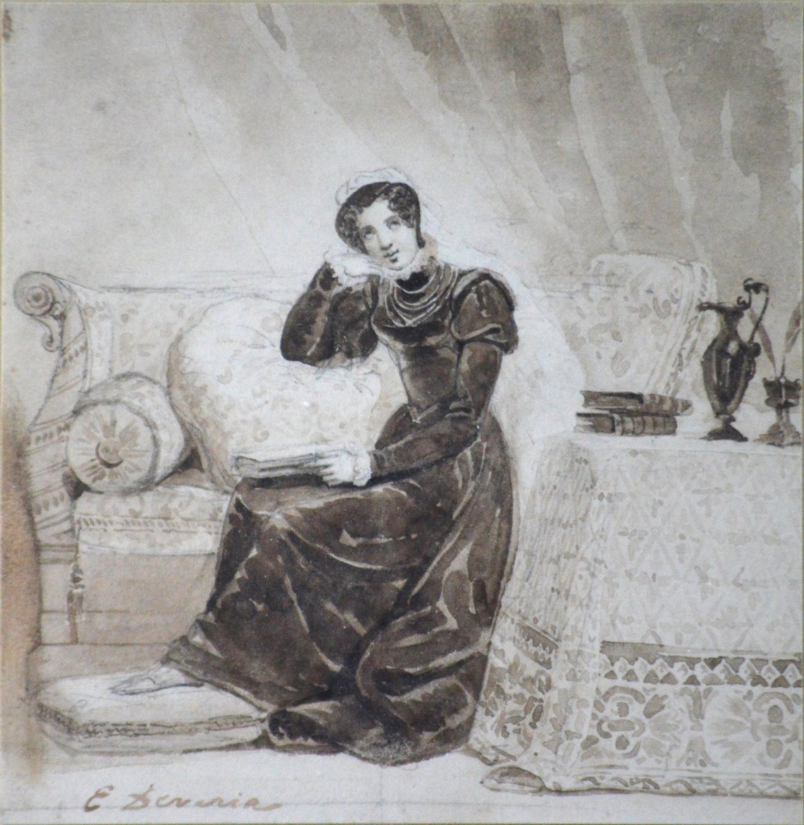 Eugène Deveria (1808-1865). "Jeune femme dans un intérieur."-photo-3