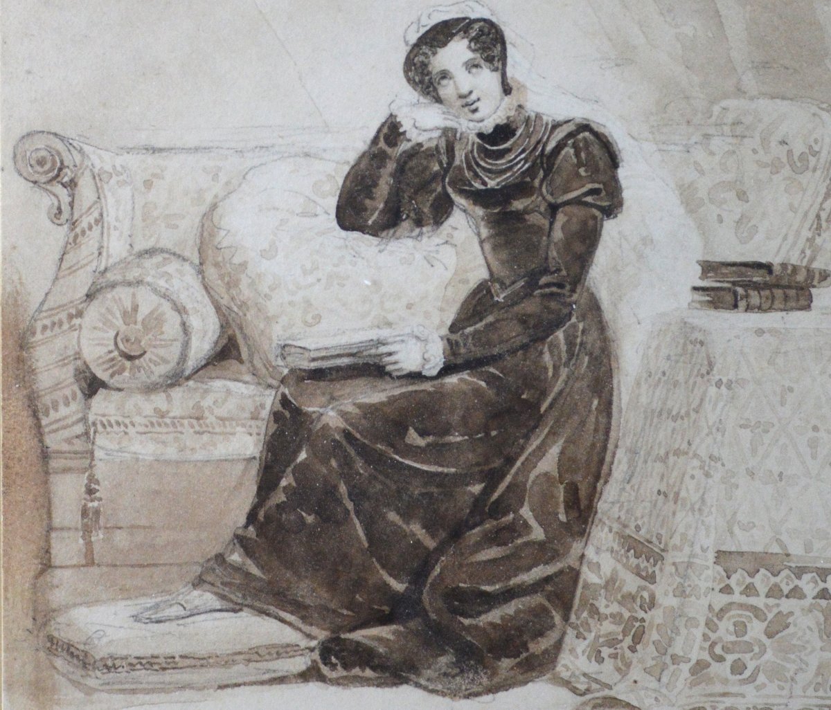 Eugène Deveria (1808-1865). "Jeune femme dans un intérieur."-photo-1