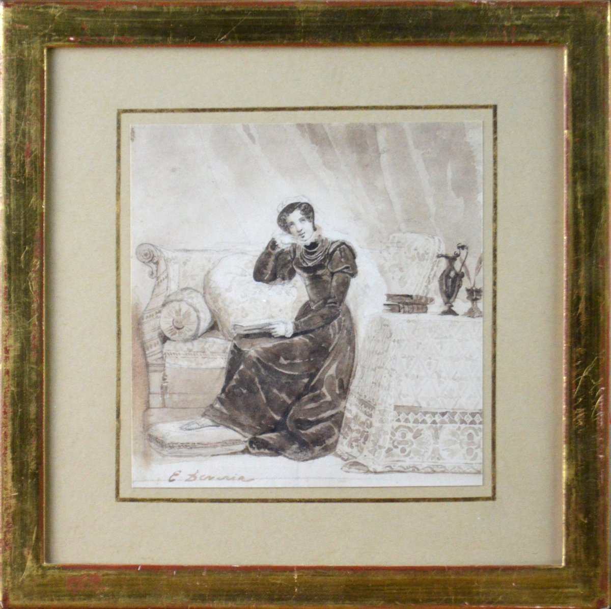 Eugène Deveria (1808-1865). "Jeune femme dans un intérieur."