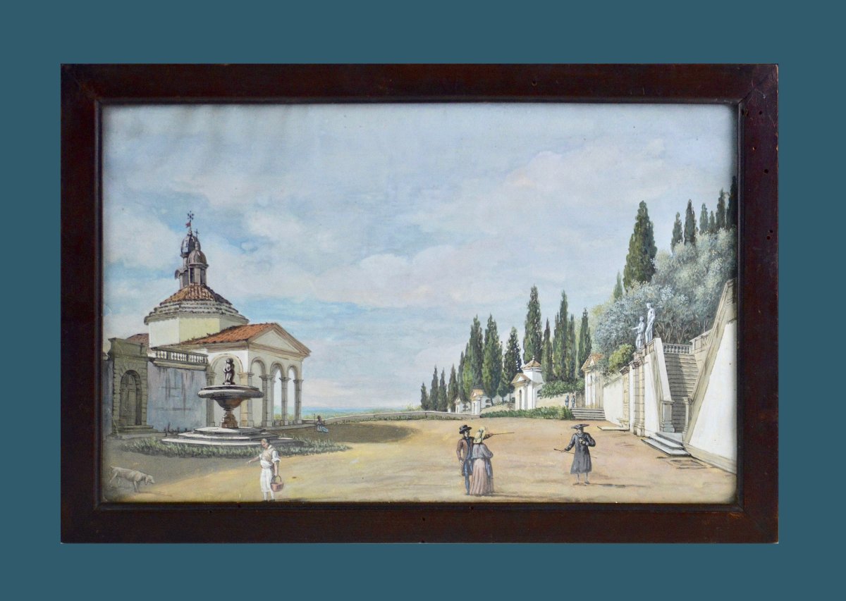 École Italienne début 19ᵉ. Une chapelle dans les Monts Sacrés du Piémont ou de la Lombardie.-photo-2